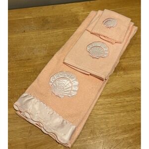 Vtg 3 Pc Cannon Peach‎ Sea Shell Embroidered Bathroom Towel Set Bath/Hand/Wash